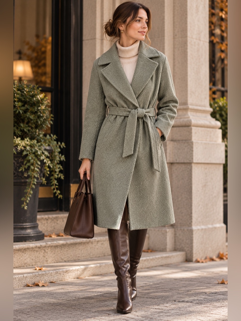 Lauren Ralph Lauren Wool Blend Belted Wrap Coat Sage Green Size 16